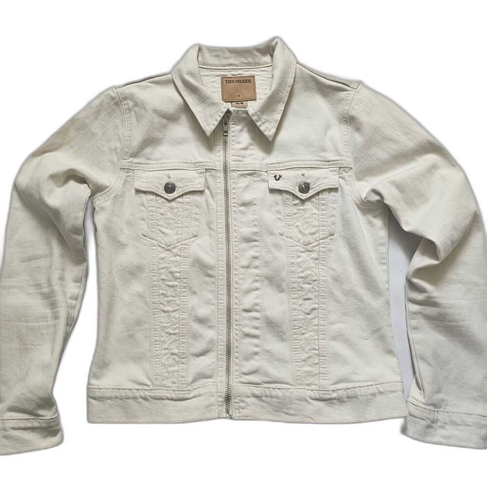 True Religion Women’s Denim Jacket Size M Cream Zip Front Embroidered